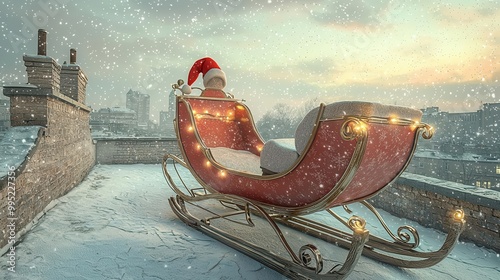 Santa s sleigh parked on a snowy rooftop, Christmas lights shining, 3D illustration photo