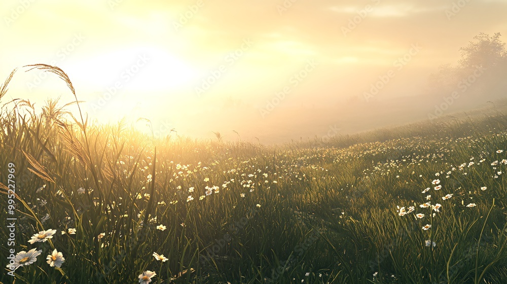 A field of daisies bathed in the golden light of sunrise. A field of daisies bathed in the golden light of sunrise.
