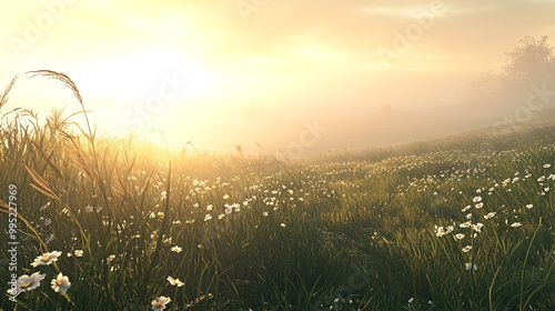 A field of daisies bathed in the golden light of sunrise.