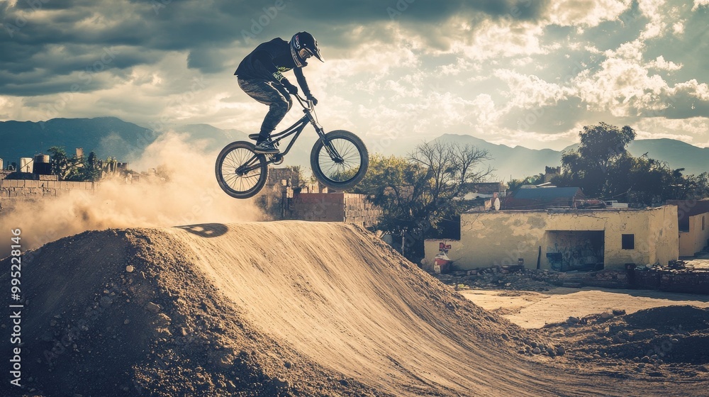 Naklejka premium Adrenaline Rush: BMX Rider Soaring off Dirt Ramp with Dust in Motion in Mexico