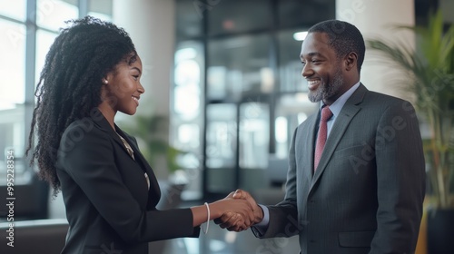 An African American teenage girl experiencing her first job offer, a moment of a handshake with her new manager