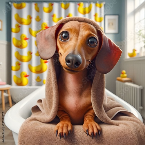 an adult funny, goofy, whimsical fawn-colored cheeky dachshund, sitting with a towel wrapped around its body, in front of a bathtub, background shower curtain with cute yellow ducks on it.