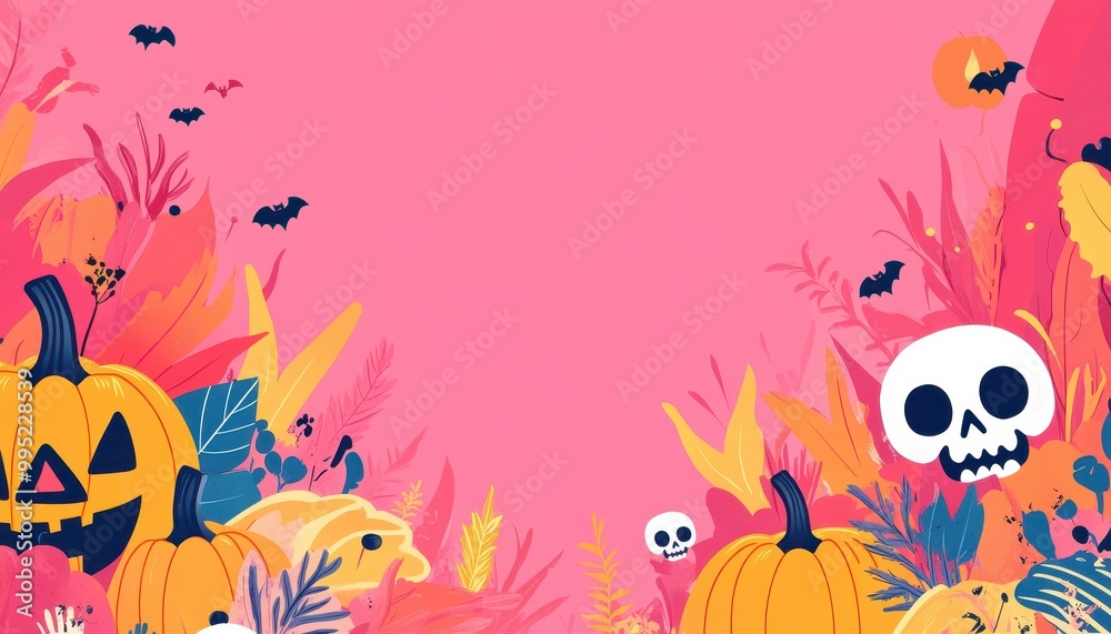Halloween Pumpkins and Skulls with Pink Background and Leaves Halloween Pumpkins and Skulls with Pink Background and Leaves