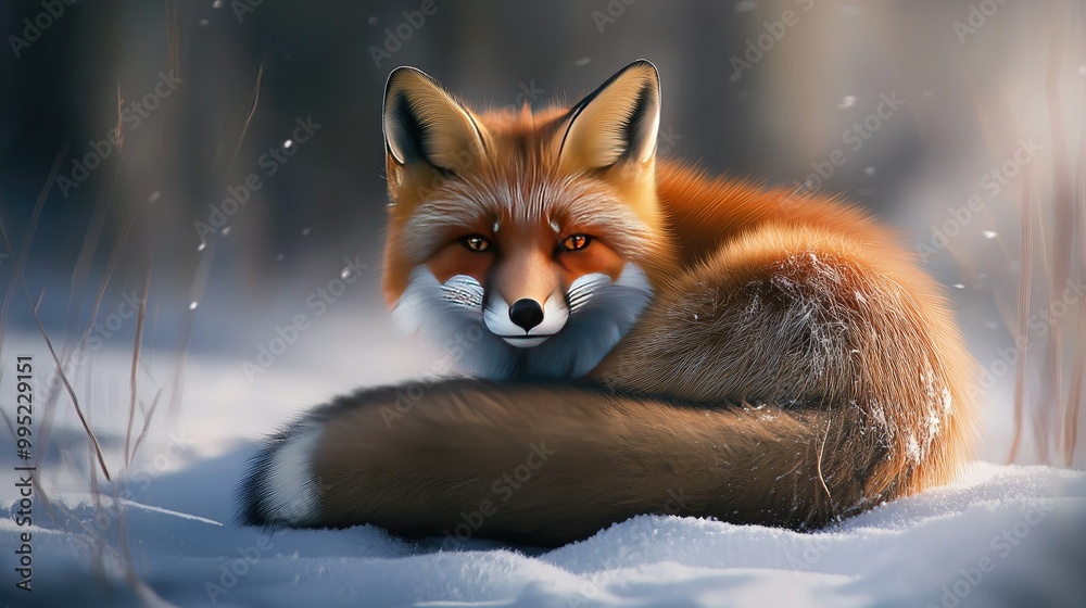 A close-up of a red fox's sharp gaze, with its fluffy tail curled around its body in the snow. A close-up of a red fox's sharp gaze, with its fluffy tail curled around its body in the snow.