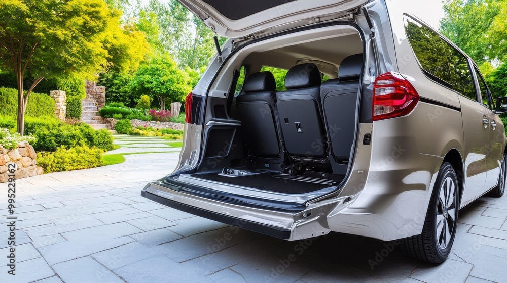 Fototapeta premium Spacious Van Interior with Open Doors and Scenic Background