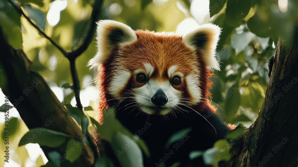 A close-up of a red panda perched in a tree, surrounded by green leaves. A close-up of a red panda perched in a tree, surrounded by green leaves.