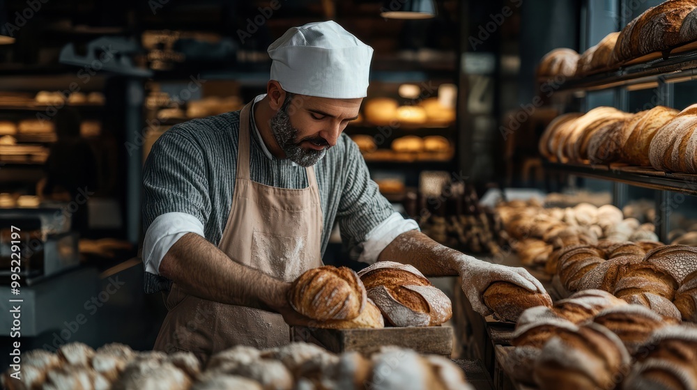 Baker prepares fresh bread in the bakery for sale in shop Baker prepares fresh bread in the bakery for sale in shop