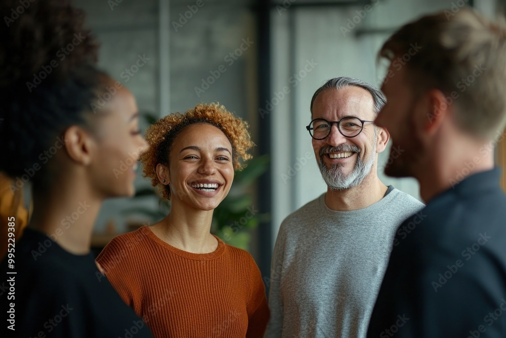 Fototapeta premium A diverse group of businesspeople standing in a circle, smiling and hugging each other, celebrating success at work. Conceptual photo about successful team building, with a male manager talking to fem
