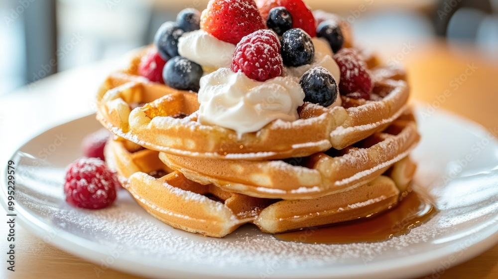 A close-up of a stack of waffles drizzled with maple syrup and topped with fresh berries and whipped cream. A close-up of a stack of waffles drizzled with maple syrup and topped with fresh berries and whipped cream.