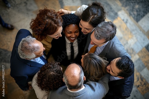 A diverse group of businesspeople standing in a circle, smiling and hugging each other, celebrating success at work. Conceptual photo about successful team building, with a male manager talking to fem photo