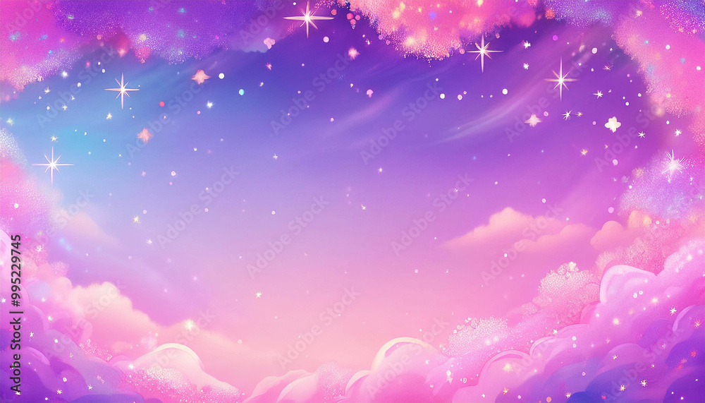 Obraz premium ピンクと紫の幻想的でキラキラした空のフレーム背景