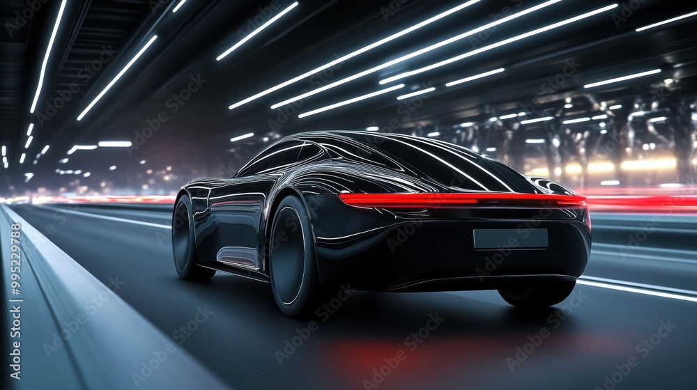 Sleek Black Sports Car in Motion with Light Trails Sleek Black Sports Car in Motion with Light Trails