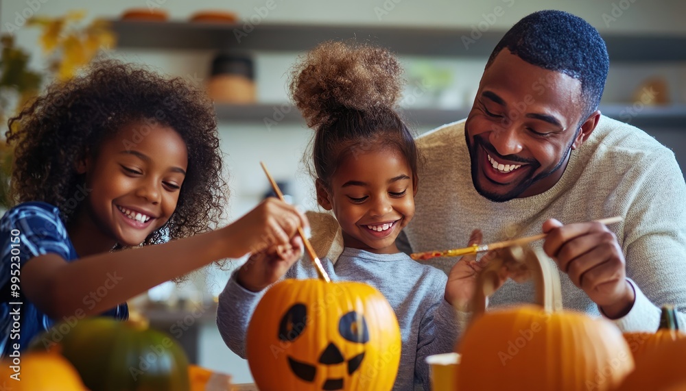 Happy Family Decorating Pumpkins for Halloween Happy Family Decorating Pumpkins for Halloween