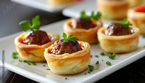 Delectable assortment of savory appetizers including mini quiches and pastry-wrapped meatballs in a close-up presentation photo