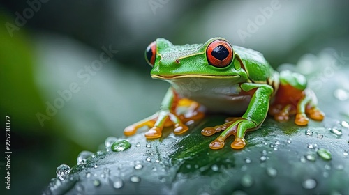 A close-up of a vibrant green tree frog sitting on a leaf in the rainforest, surrounded by dew drops.