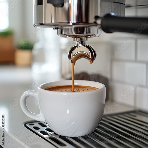 A close-up of an espresso shot being poured from a sleek espresso machine into a white demitasse cup, set on a clean kitchen counter
