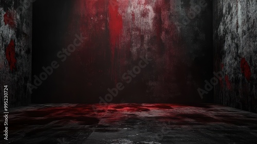 Fototapeta Naklejka Na Ścianę i Meble -  Black blood red horror background Interior room Concrete old wall floor Grunge Product display 3d rendering Empty space For mockup showcase design Stage Dark Spooky creepy Brokencracke : Generative AI