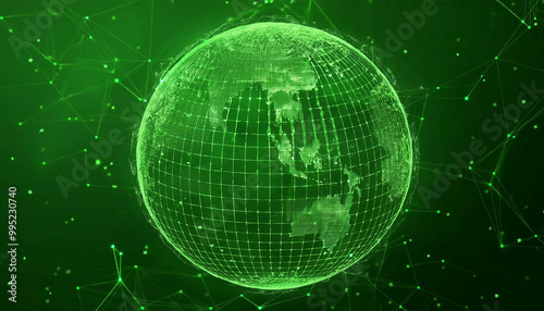 緑色のプレクサスデザインの地球、ネットワークイメージ背景