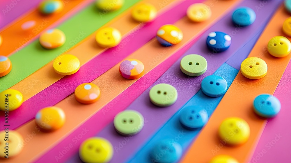 Fototapeta premium A close-up view of brightly colored candy buttons on a strip of paper, forming a whimsical and cheerful pattern