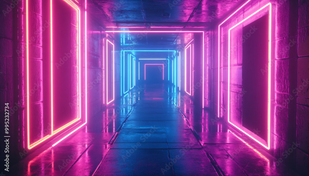 Bright, glowing neon signs in various shapes and colors, with a futuristic, cyberpunk-style backdrop Bright, glowing neon signs in various shapes and colors, with a futuristic, cyberpunk-style backdrop