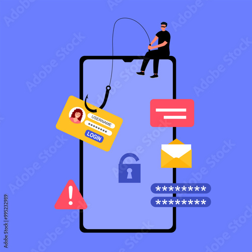 Phishing scam, hacker crime attack and personal data security concept. Hacker try to unlock the key on mobile phone and phishing account, stealing password. Smartphone security vector illustration.