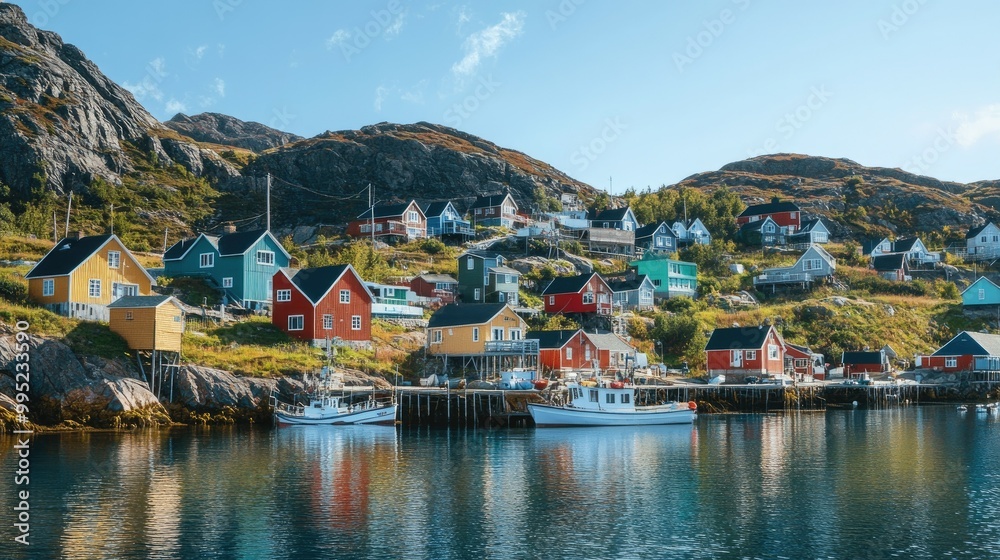 Fototapeta premium A coastal village with colorful houses nestled against steep hills, overlooking a calm, clear sea.