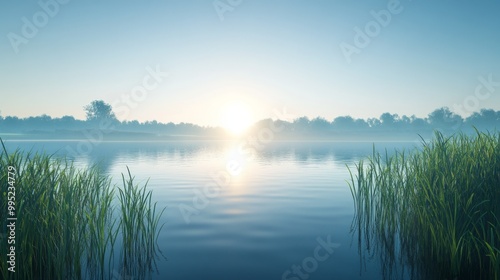 a calm lake surrounded by tall grass, the sun is rising in front of it, clear sky, photo realistic, 