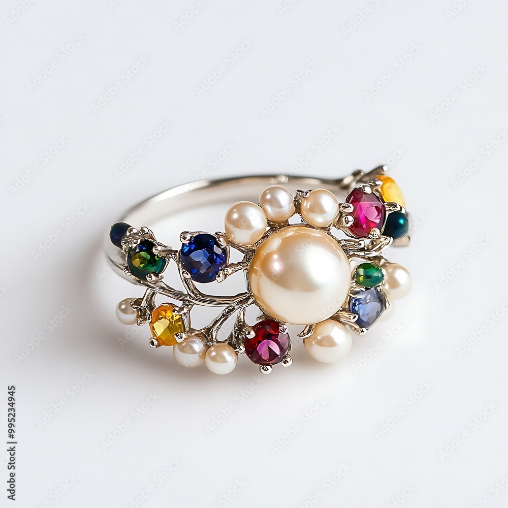 Elegant Pearl and Gemstone Ring with Delicate Silver Band. Elegant Pearl and Gemstone Ring with Delicate Silver Band.