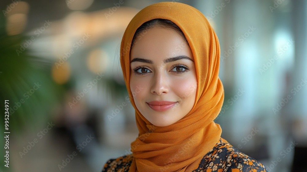 A young woman in a hijab smiles warmly at the camera.