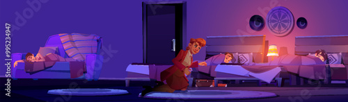 Man dressed as woman sneaks into hotel room where teenagers sleep at night to commit theft of suitcase under bed. Cartoon vector illustration of burglar character inside bedroom stealing case.