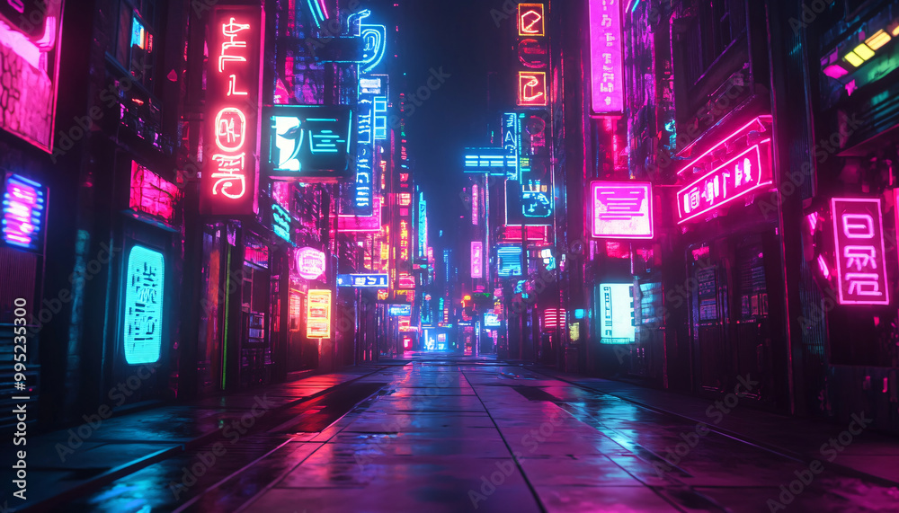 Bright, glowing neon signs in various shapes and colors, with a futuristic, cyberpunk-style backdrop Bright, glowing neon signs in various shapes and colors, with a futuristic, cyberpunk-style backdrop
