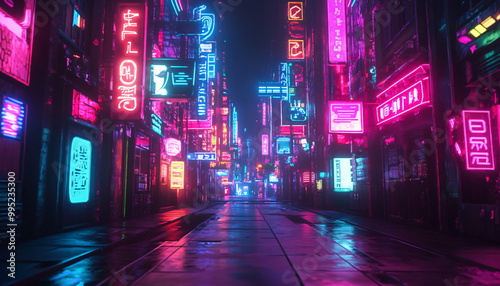  Bright, glowing neon signs in various shapes and colors, with a futuristic, cyberpunk-style backdrop