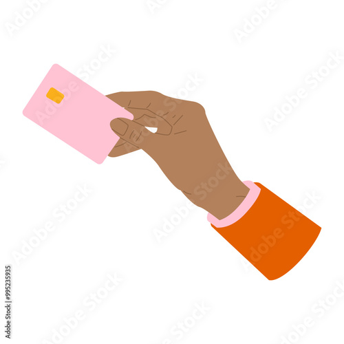 Hand holding bank card. Cashless payment for goods and services. People use card for online payment. Financial transaction. Vector illustration isolated on transparent background.