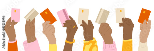 Set of hands holding bank card. Cashless payment for goods and services. People use card for online payment. Financial transaction. Vector illustration isolated on transparent background.