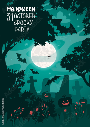 Scary dark poster for Halloween party on October 31. Pumpkins and bats on a cemetery on a moonlit night. Vector illustration for a congratulatory banner.