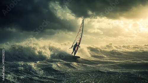 Brave Windsurfer Conquering Stormy Seas with Dramatic Wind Action in the Netherlands