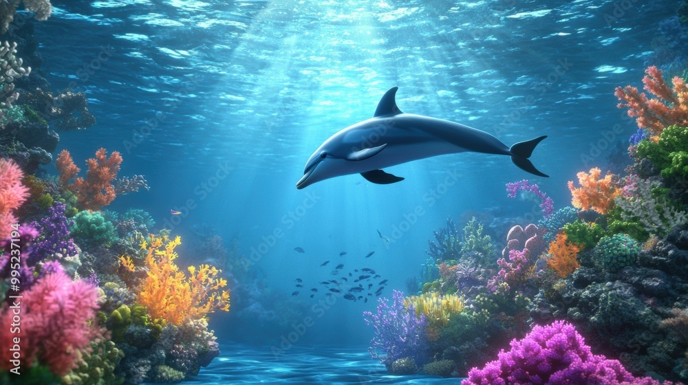 Obraz premium Dolphin Swimming in Vibrant Coral Reef Scene