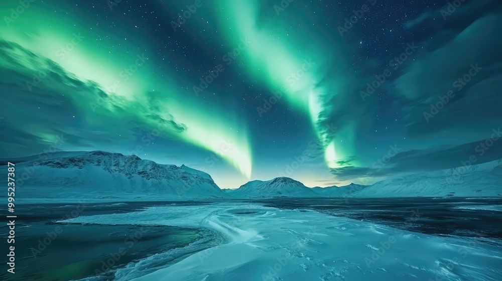 Naklejka premium A stunning aurora borealis illuminating a snowy landscape