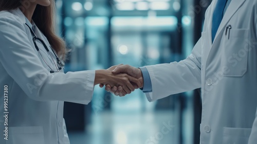 Close up of pharmaceutical sales representative presenting new medication to doctor in medical building, shaking hands