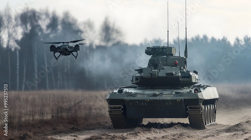 Futuristic military tank equipped with advanced anti drone jamming technology