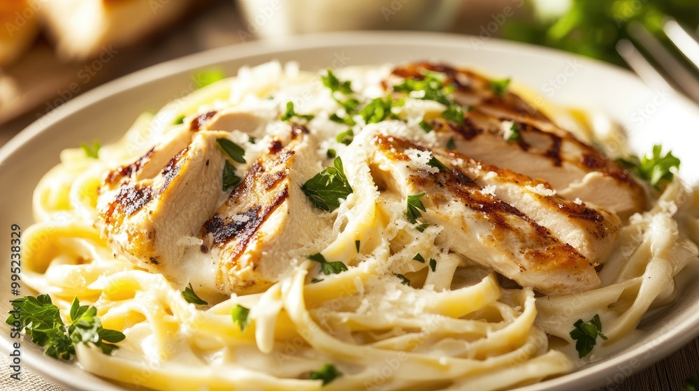 A creamy plate of fettuccine Alfredo with grilled chicken, garnished with parsley and freshly grated Parmesan.