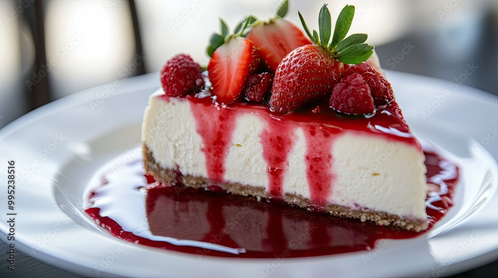 A creamy slice of cheesecake topped with fresh strawberries and a drizzle of berry sauce.