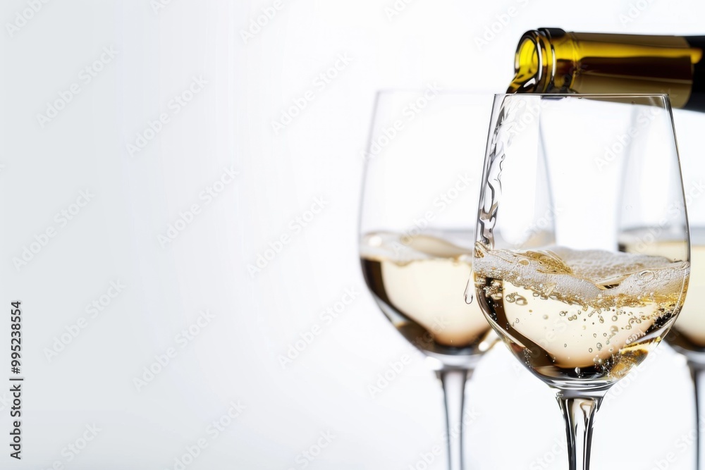 Pouring two glasses of white wine from a bottle, set against a clean white background with ample copyspace Pouring two glasses of white wine from a bottle, set against a clean white background with ample copyspace