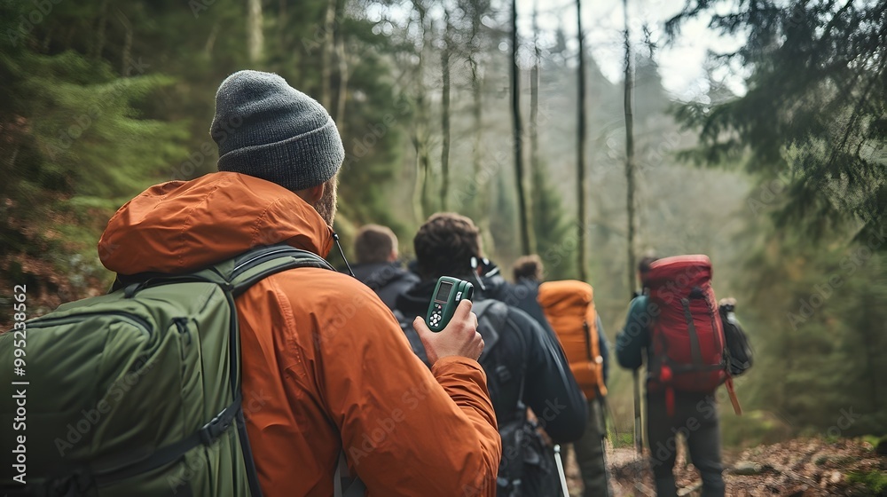 Group of hikers using portable walkie talkie devices while navigating through a remote forested area with hilly terrain experiencing challenges with signal coverage and connectivity Group of hikers using portable walkie talkie devices while navigating through a remote forested area with hilly terrain experiencing challenges with signal coverage and connectivity