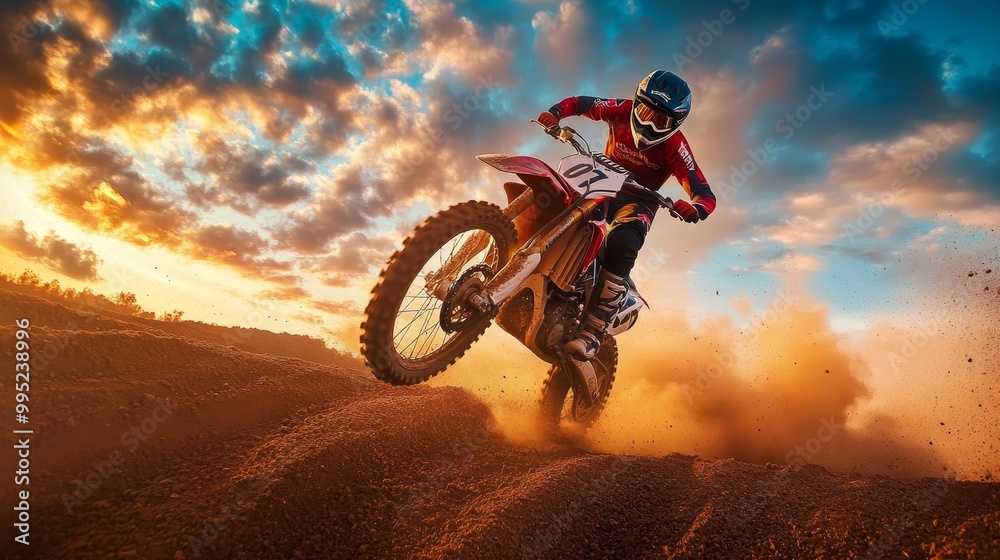 Australian Motocross Athlete Soaring Through Dust Clouds at Sunset with Intense Speed Australian Motocross Athlete Soaring Through Dust Clouds at Sunset with Intense Speed