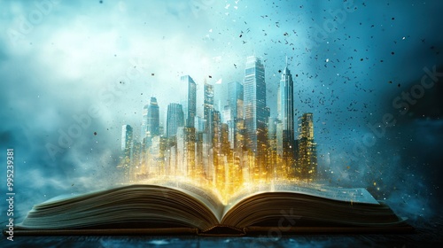 a futuristic city emerging from the pages of a book, symbolizing a prediction.