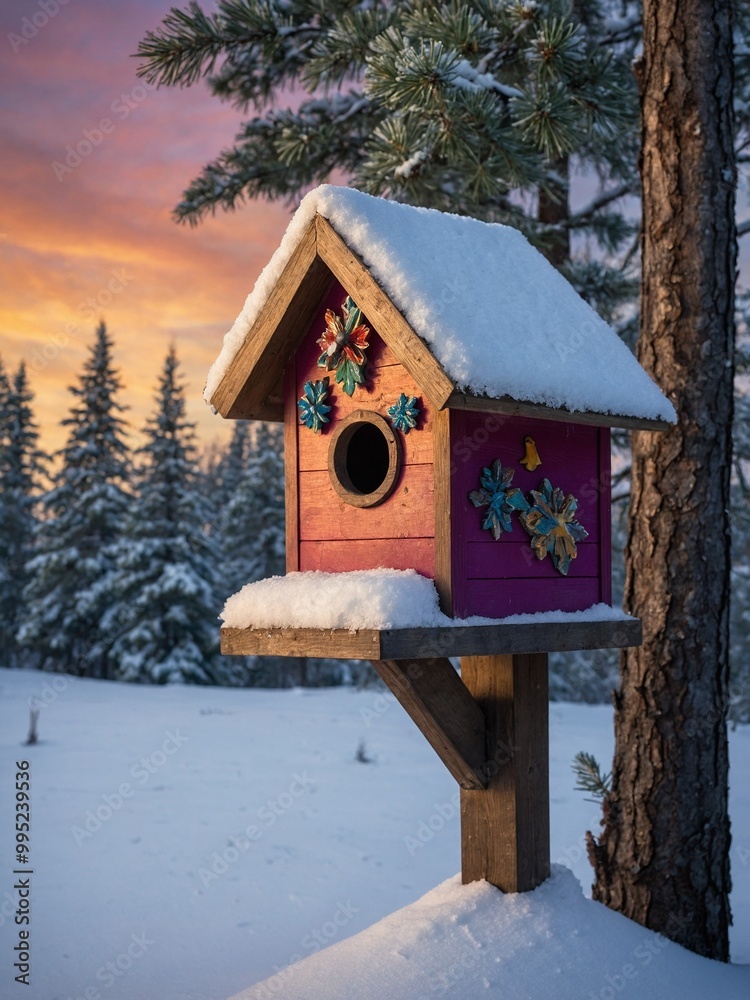 Colorful birdhouse with snowy winter landscape in background, featuring pine trees and vibrant sunset sky Colorful birdhouse with snowy winter landscape in background, featuring pine trees and vibrant sunset sky