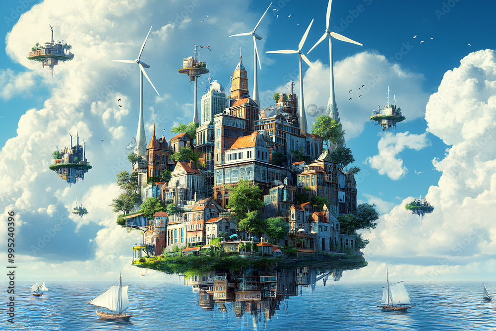Floating city with wind turbines Floating city with wind turbines