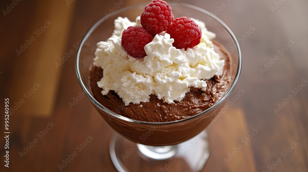 A decadent chocolate mousse topped with whipped cream and fresh raspberries, served in a glass dish. A decadent chocolate mousse topped with whipped cream and fresh raspberries, served in a glass dish.