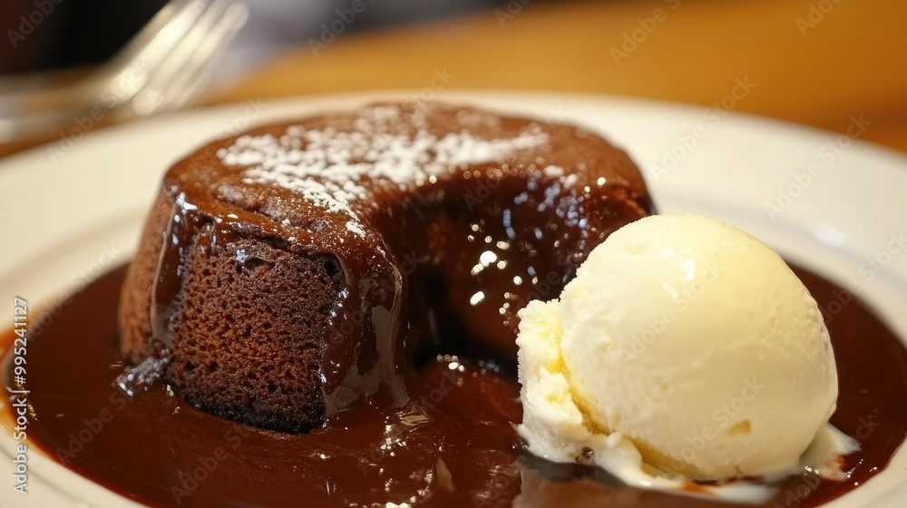 A decadent molten chocolate lava cake oozing with rich chocolate sauce, served with a scoop of vanilla ice cream. A decadent molten chocolate lava cake oozing with rich chocolate sauce, served with a scoop of vanilla ice cream.